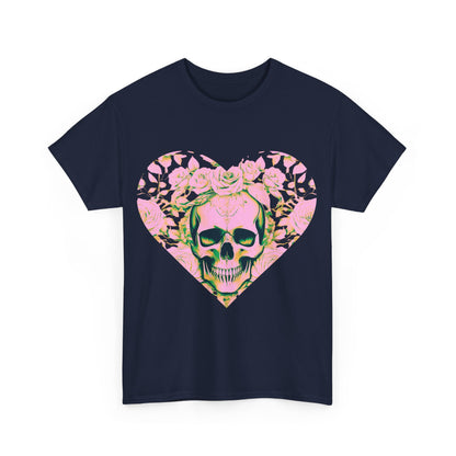 Front design of the Skulls and Roses Cotton Tee featuring a vibrant skull and floral heart graphic, perfect for alternative fashion enthusiasts.