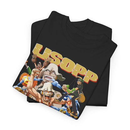 Premium folded One Piece Usopp t-shirt, displaying intricate anime character artwork, designed for comfort and style, a must-have for anime fans.
