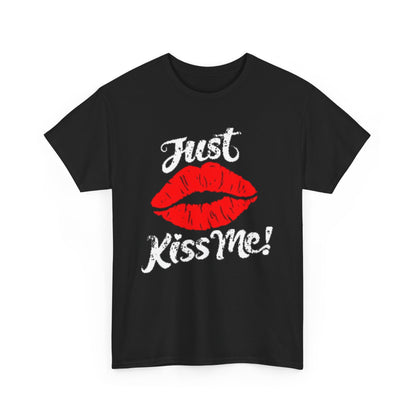 Luxurious unisex black cotton t-shirt featuring a bold graphic of red lips with the phrase 'Just Kiss Me!' in a playful, distressed font, perfect for casual chic occasions.