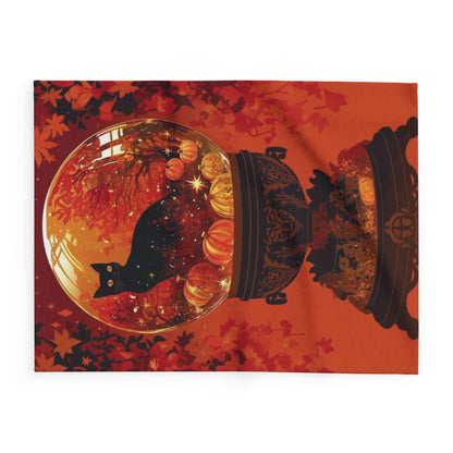 Sumptuous Halloween fleece blanket featuring a captivating black cat encased in a snow globe, adorned with autumn foliage and pumpkins, perfect for adding a touch of luxury to your festive celebrations.