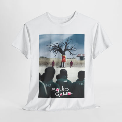 Luxurious Squid Game-inspired white graphic tee featuring a haunting design of a barren landscape with a tree, viewed from the perspective of silhouetted figures in dark attire, making a bold fashion statement for fans of modern art and psychological thrillers.