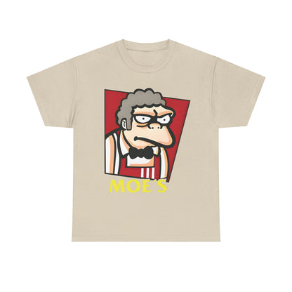 Chic beige unisex t-shirt adorned with a graphic print of Moe from The Simpsons in a classic fast-food attire, titled "The Simpson's Moe's KFC Logo Mashup Graphic T Shirt Tee".