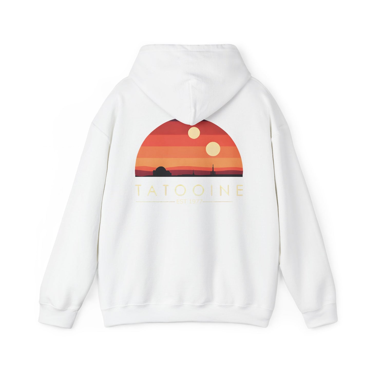 Stunning Tatooine Sunset Back Print Hoodie showcasing cosmic adventure elements, with vibrant sunset hues and celestial bodies, perfect for luxury Star Wars fans.