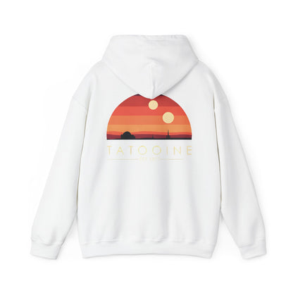 Stunning Tatooine Sunset Back Print Hoodie showcasing cosmic adventure elements, with vibrant sunset hues and celestial bodies, perfect for luxury Star Wars fans.