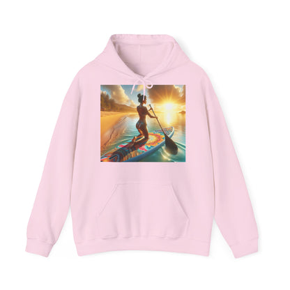 Stylish Fantasy Paddleboarding Unisex Hooded Sweatshirt in soft pink, featuring enchanting paddleboarding art, a must-have for lovers of the sea and fashion.