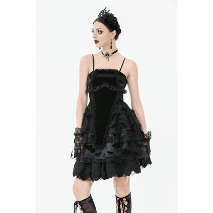 Fitted bodice detail of the Dark in Love Morwenna Goth Mini Dress featuring exquisite lace trim and a dramatic cut-out panel for a chic and edgy appearance.