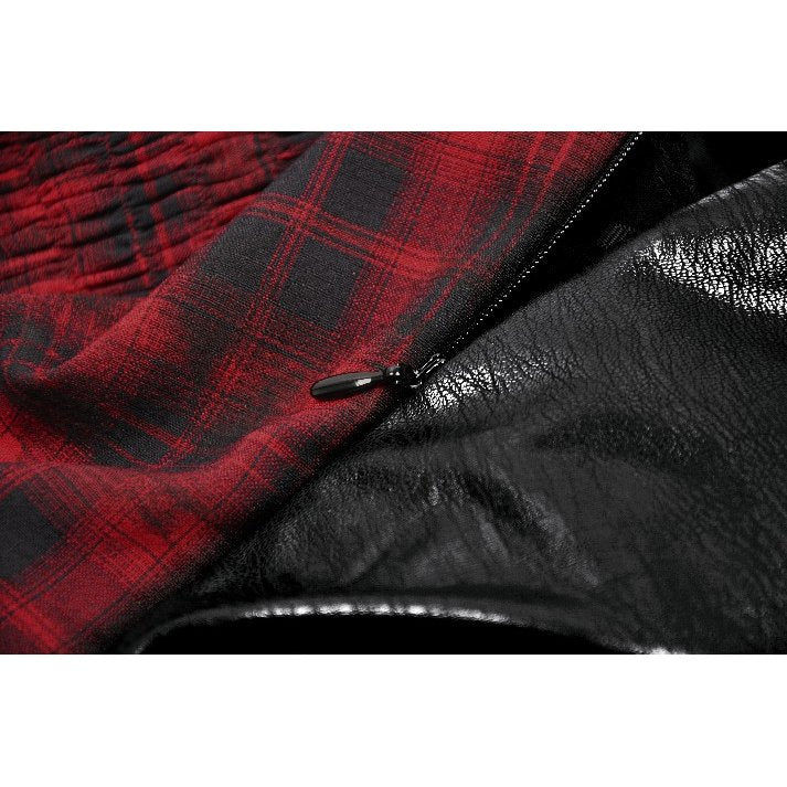Close-up of the adjustable straps and corset detailing of the Dark In Love red tartan dress, highlighting exquisite craftsmanship and rebellious style.