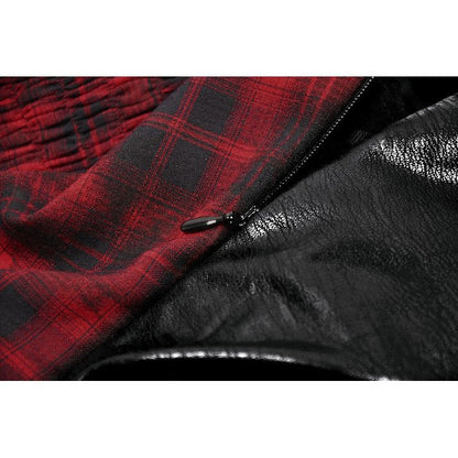 Close-up of the adjustable straps and corset detailing of the Dark In Love red tartan dress, highlighting exquisite craftsmanship and rebellious style.
