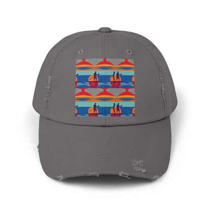 Unisex Distressed Cap featuring a fantasy paddleboarding scene, perfect for adventurous water lovers, illustrated in a sophisticated dark grey.