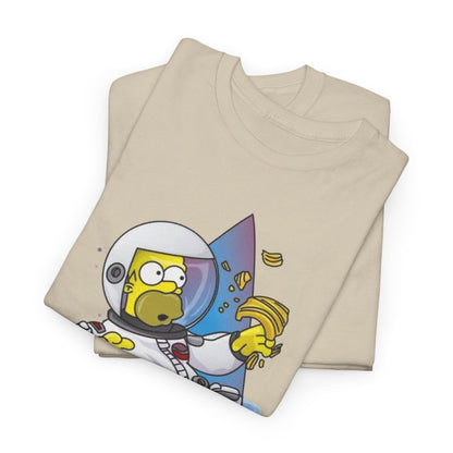 Elegant stacked view of two unisex t-shirts showcasing a quirky astronaut design, featuring an animated character delightfully enjoying snacks, perfect for casual luxury attire.