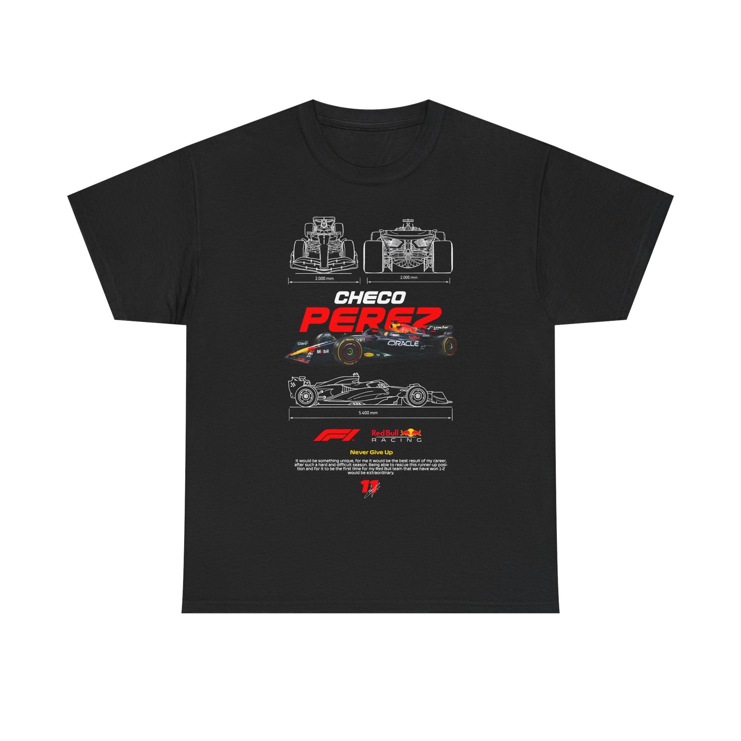Sleek black men's t-shirt featuring a vibrant graphic of a Formula 1 car, the name 'CHECO PEREZ' in striking red, and technical illustrations representing high-speed elegance. Perfect for motorsport enthusiasts.