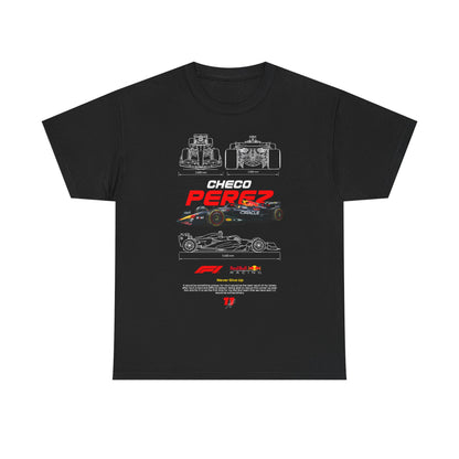 Sleek black men's t-shirt featuring a vibrant graphic of a Formula 1 car, the name 'CHECO PEREZ' in striking red, and technical illustrations representing high-speed elegance. Perfect for motorsport enthusiasts.