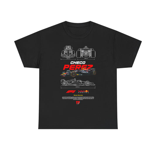 Sleek black men's t-shirt featuring a vibrant graphic of a Formula 1 car, the name 'CHECO PEREZ' in striking red, and technical illustrations representing high-speed elegance. Perfect for motorsport enthusiasts.