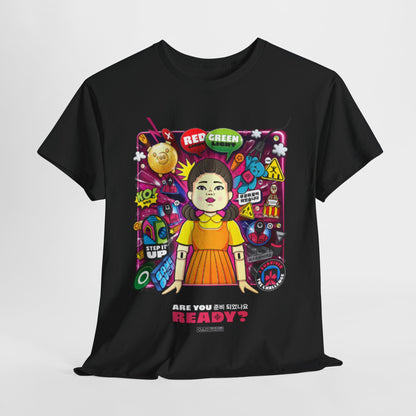 Luxurious graphic cotton t-shirt featuring a vibrant design inspired by the iconic scenes from Squid Game, showcasing captivating illustrations and bold text 'ARE YOU READY?' against a classic black background, ideal for fashion-forward individuals seeking unique style expressions.