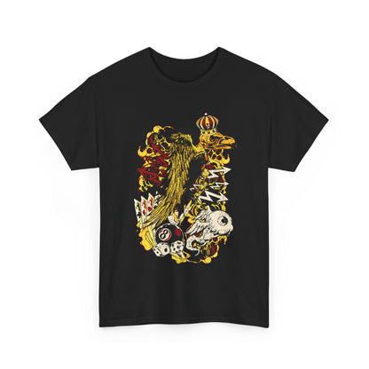 Chic black t-shirt adorned with an elaborate graphic of a crowned raven surrounded by vibrant colours and dynamic elements, exuding luxury and creativity.