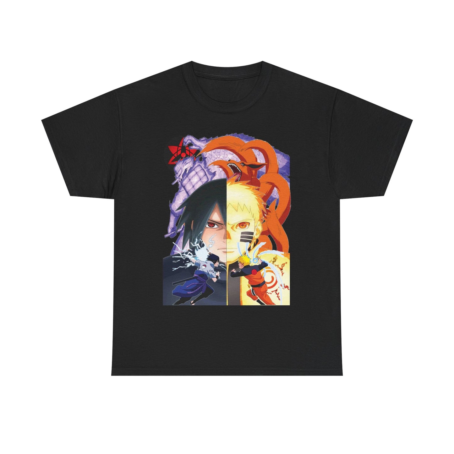 Exquisite black anime-themed T-shirt prominently displaying Sasuke Uchiha and Naruto Uzumaki, featuring rich imagery that symbolises their legendary rivalry.
