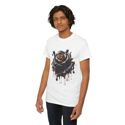 Model wearing the Close-Up Abstract Rose Unisex Cotton Tee Graphic T Shirt, highlighting the elegant abstract rose design and luxurious fit.