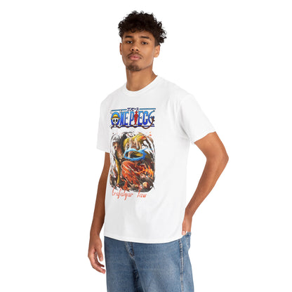 Sophisticated model wearing a graphic t-shirt featuring Trafalgar Law from One Piece, exemplifying fashion and fandom fusion for the modern anime lover.