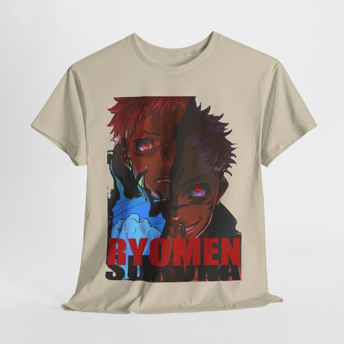 Elegant display of a beige Ryomen Sukuna anime t-shirt featuring dynamic character graphics, perfect for showcasing unique anime passion.