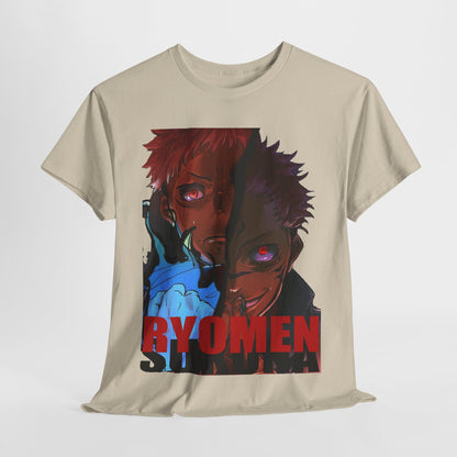 Elegant display of a beige Ryomen Sukuna anime t-shirt featuring dynamic character graphics, perfect for showcasing unique anime passion.
