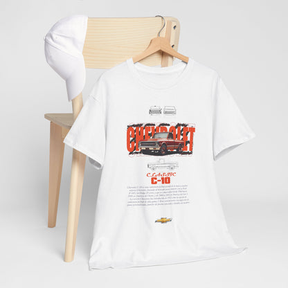 Sophisticated t-shirt showcasing the classic Chevrolet C-10 design, elegantly hung on a wooden hanger, enhancing its vintage appeal.