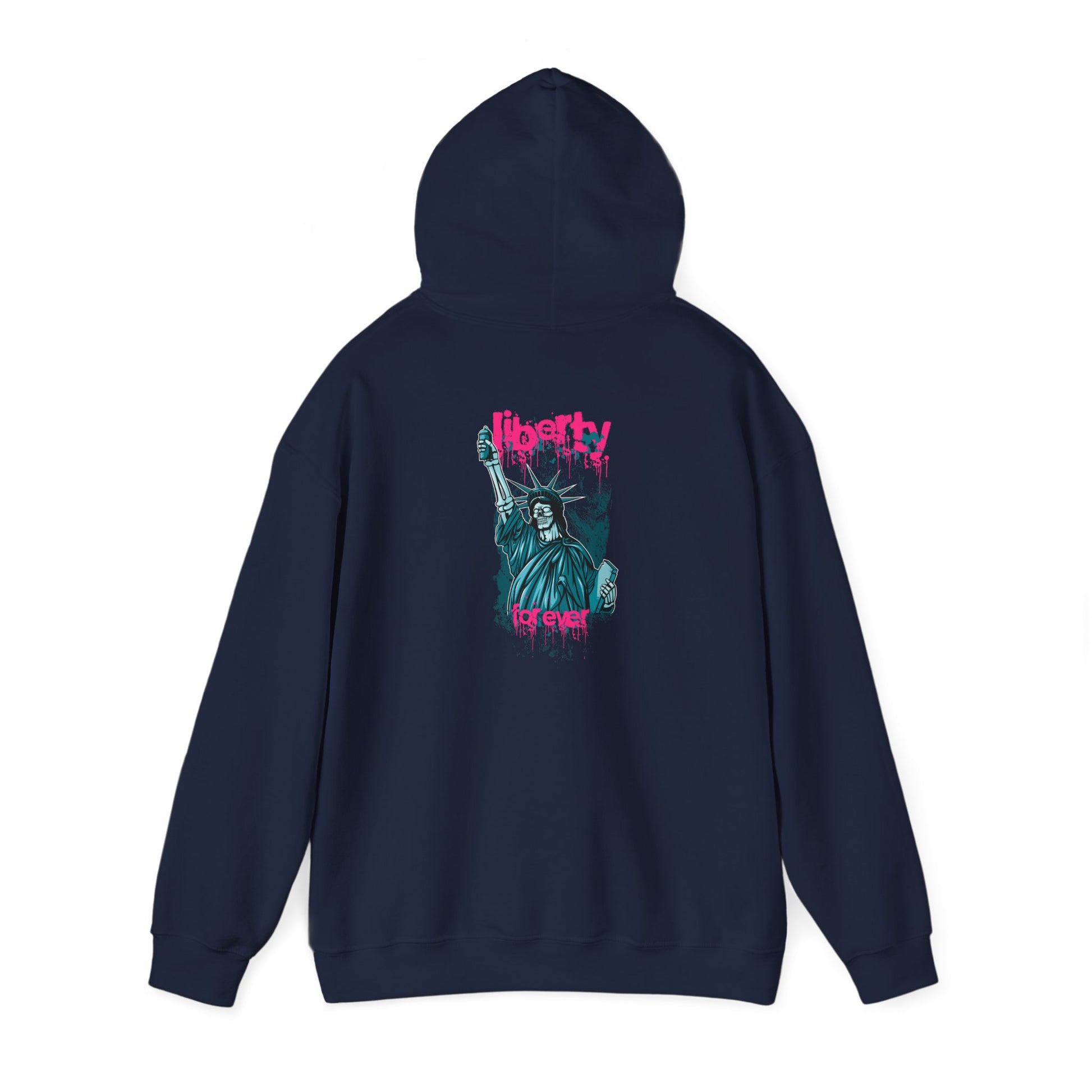Stylish navy hoodie showcasing a rebellious Liberty graphic, detailed with artistic flair for a unique fashion statement.