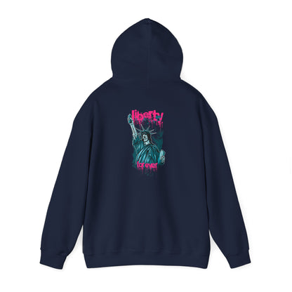 Stylish navy hoodie showcasing a rebellious Liberty graphic, detailed with artistic flair for a unique fashion statement.