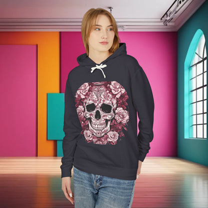 Unisex Lightweight Hooded Sweatshirt featuring a striking skull and roses design, displayed stylishly in a colourful backdrop, perfect for those who embrace individualistic fashion.