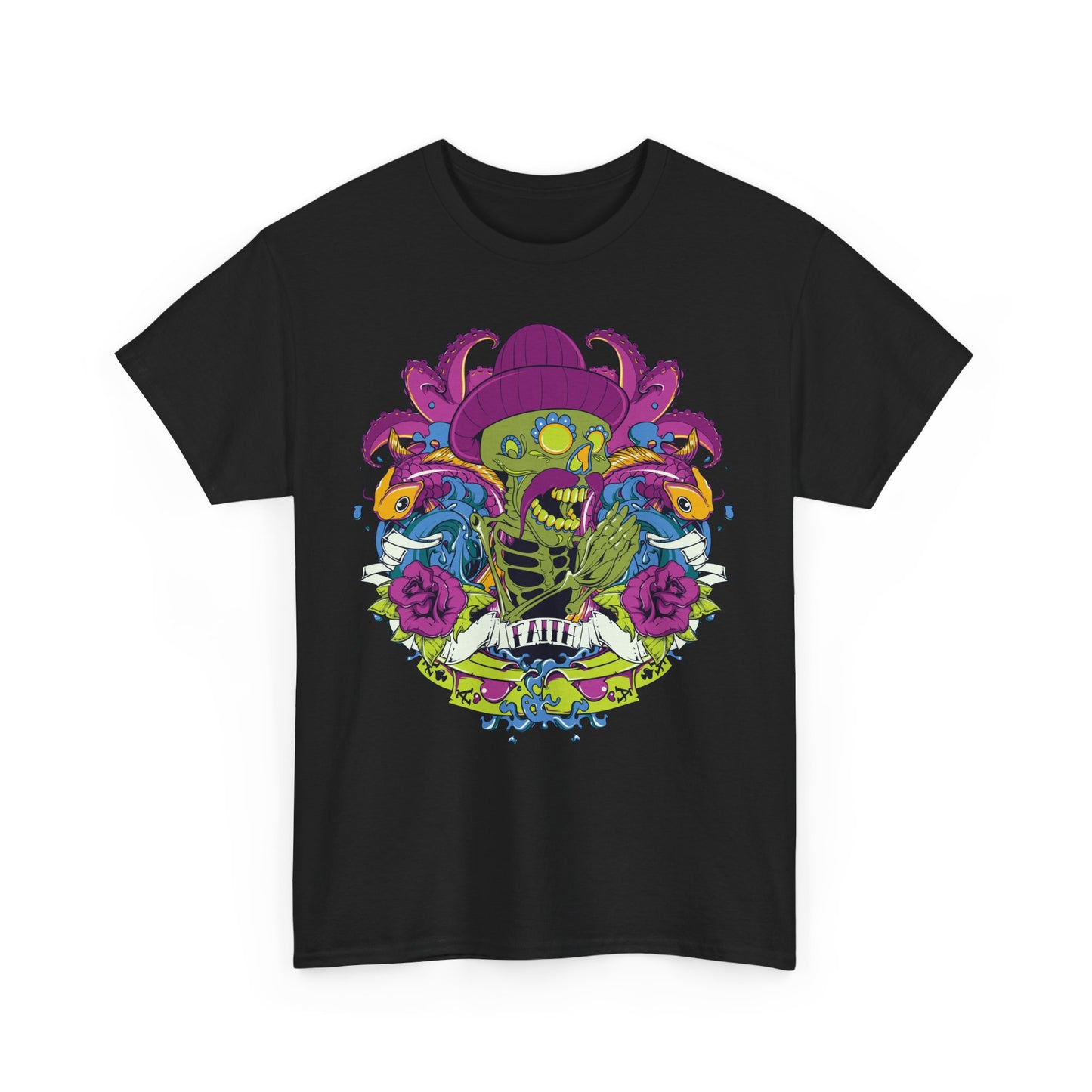Striking black t-shirt showcasing a unique skeleton graphic creatively integrated with aquatic elements, symbolising resilience and artistic expression.