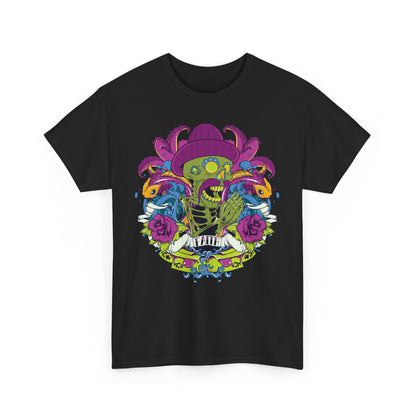 Striking black t-shirt showcasing a unique skeleton graphic creatively integrated with aquatic elements, symbolising resilience and artistic expression.