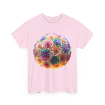 Front view of the Iridescent Floral Sphere Unisex Cotton Tee Graphic T Shirt in pink, featuring an eye-catching iridescent floral sphere graphic, perfect for a chic wardrobe.