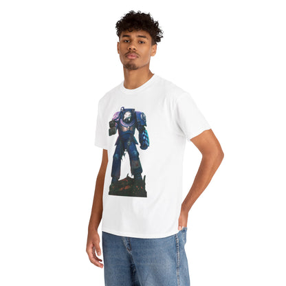 Elegant male model wearing a graphic cotton T-shirt displaying a striking sci-fi character, perfect for casual outings and urban adventures.