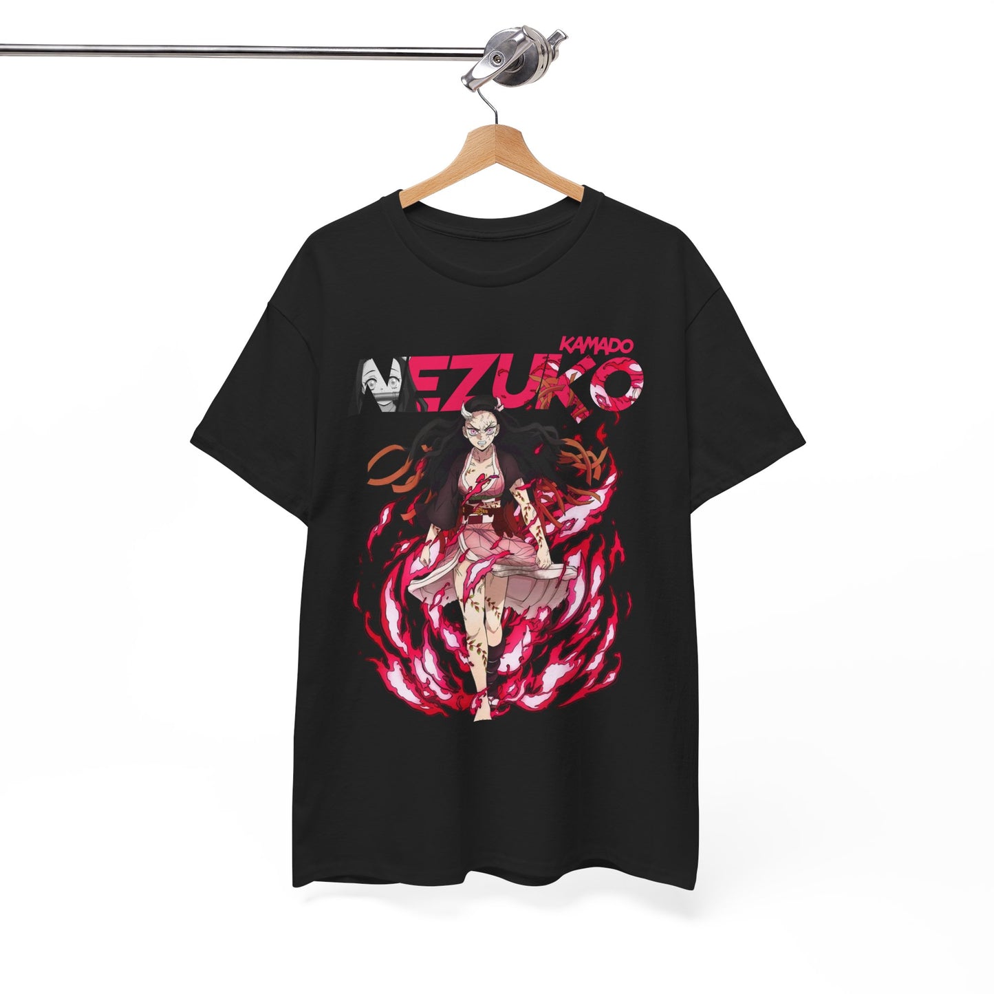 Black T-shirt featuring Nezuko Kamado art, elegantly displayed on a wooden hanger, ideal for fashion-forward anime fans.