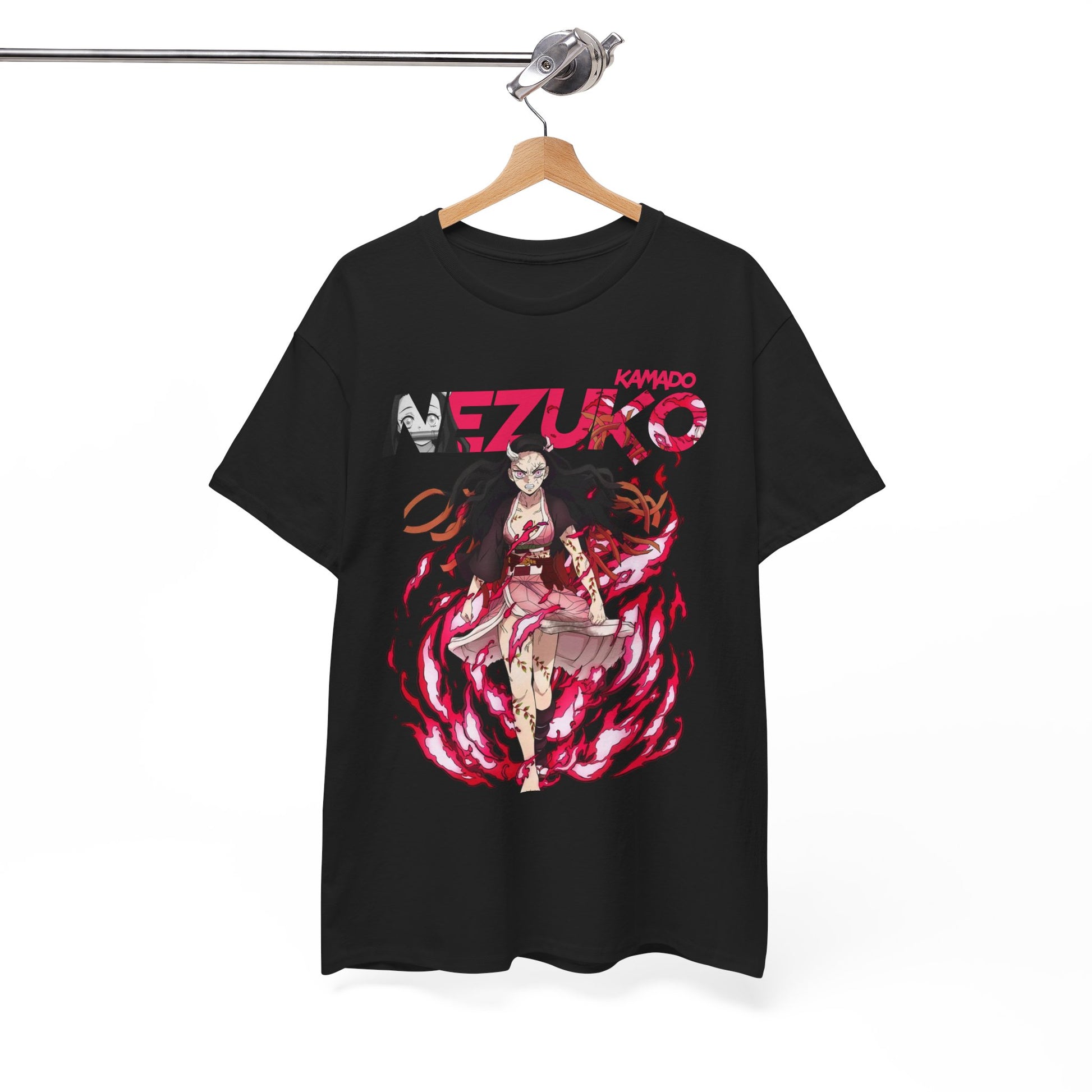 Black T-shirt featuring Nezuko Kamado art, elegantly displayed on a wooden hanger, ideal for fashion-forward anime fans.