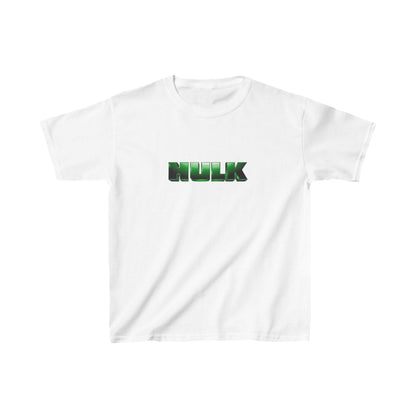 Kids Incredible Hulk Heavy Cotton T-Shirt in pristine white, featuring the iconic Hulk logo, offering a luxurious feel for young adventurers.