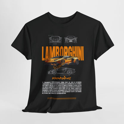 Dynamic black t-shirt featuring Lamborghini Aventador graphics, enhancing fashion and automotive passion in one stylish design.