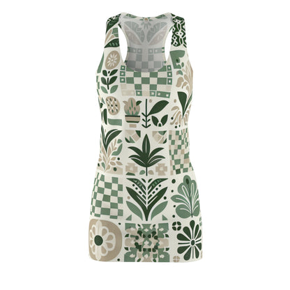 Evelyn Atelier Elegant Racerback Dress featuring contemporary checkerboard and organic prints on a model, exuding luxury and modern style.