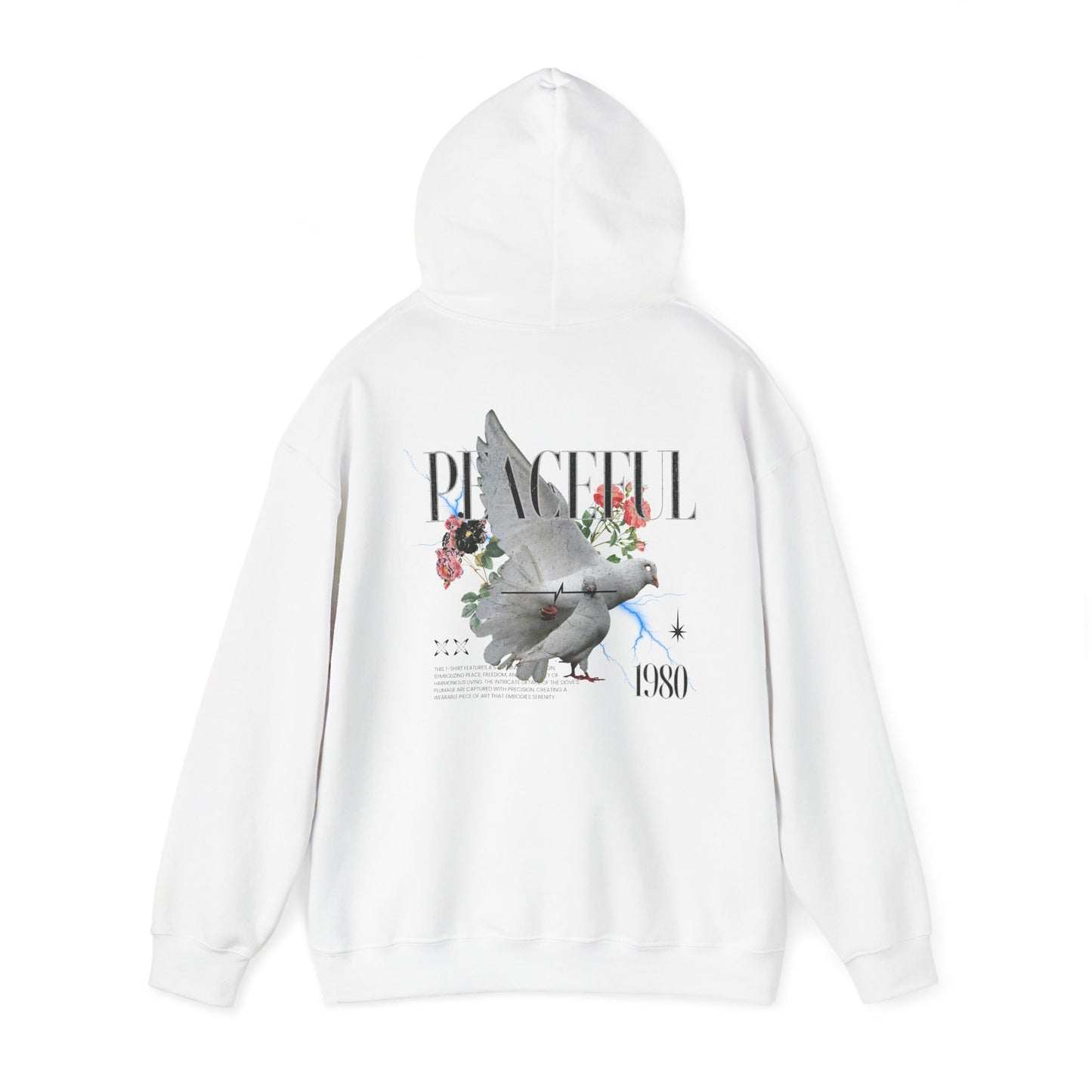 Stylish white hoodie featuring a serene dove print with floral accents and the word 'PEACEFUL 1980'. Perfect for a luxurious and artistic wardrobe.