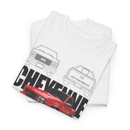 Elevate your style with this Chevrolet Cheyenne men's T-shirt featuring a bold graphic design of iconic pickup trucks, showcasing vibrant red illustrations and classic outline artwork.