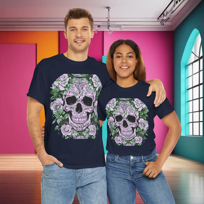 Skulls and Roses Cotton Tee, Unisex Graphic Shirt, 7 color choices, displayed by a couple wearing navy shirts featuring a striking steampunk skull and roses design in a vibrant interior.
