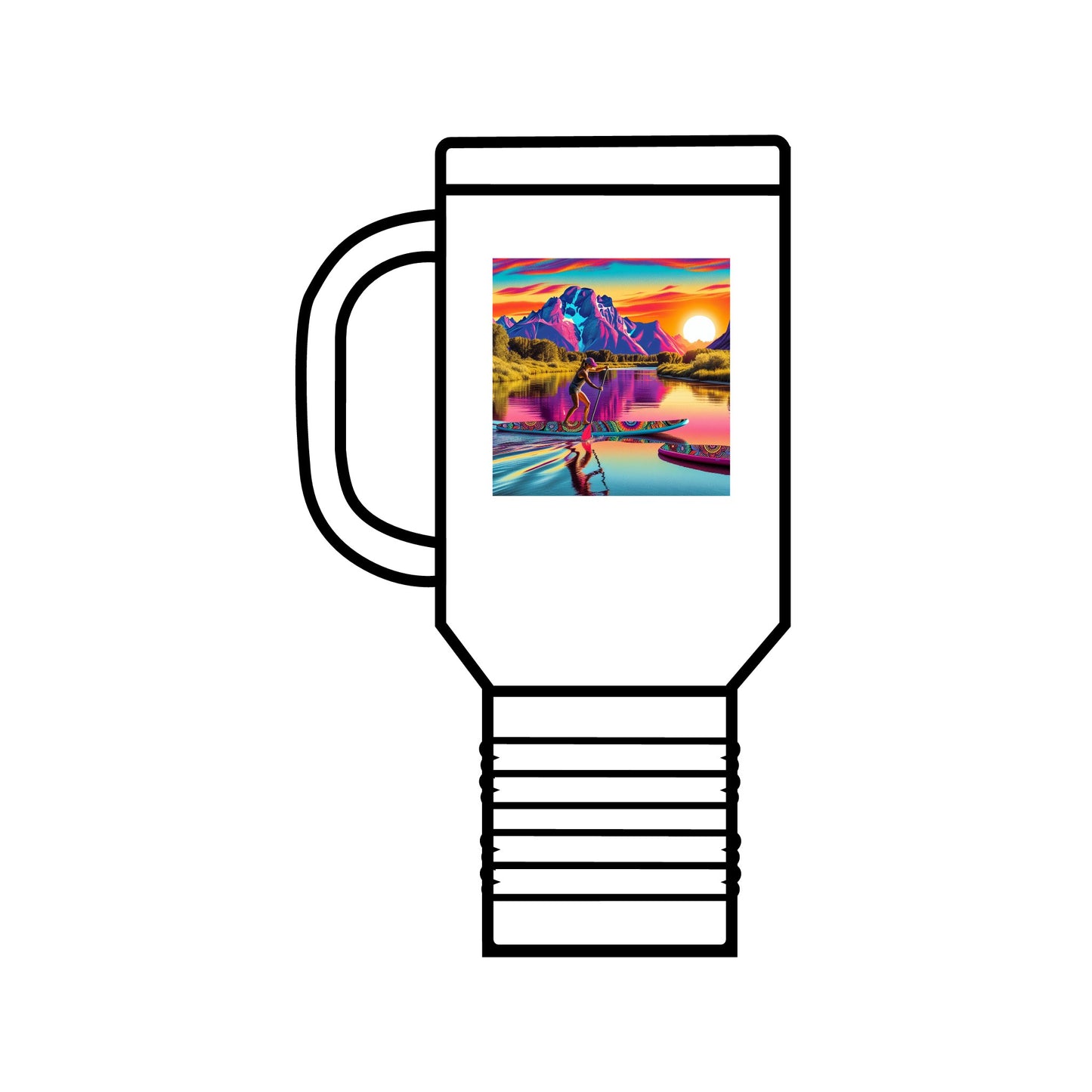 Fantasy Paddleboarding 40Oz Insulated Travel Mug in classic white featuring a stunning sunset design over water, merging functionality with exquisite style.