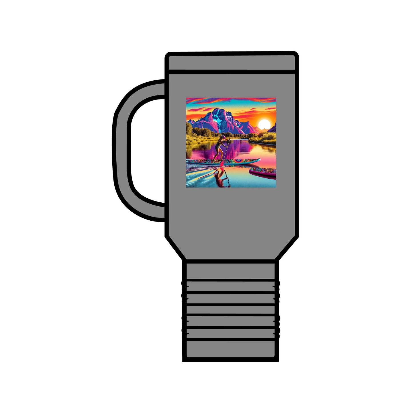 Fantasy Paddleboarding 40Oz Insulated Travel Mug in grey with a vibrant paddleboarding scene and sunset, perfect for outdoor adventures.