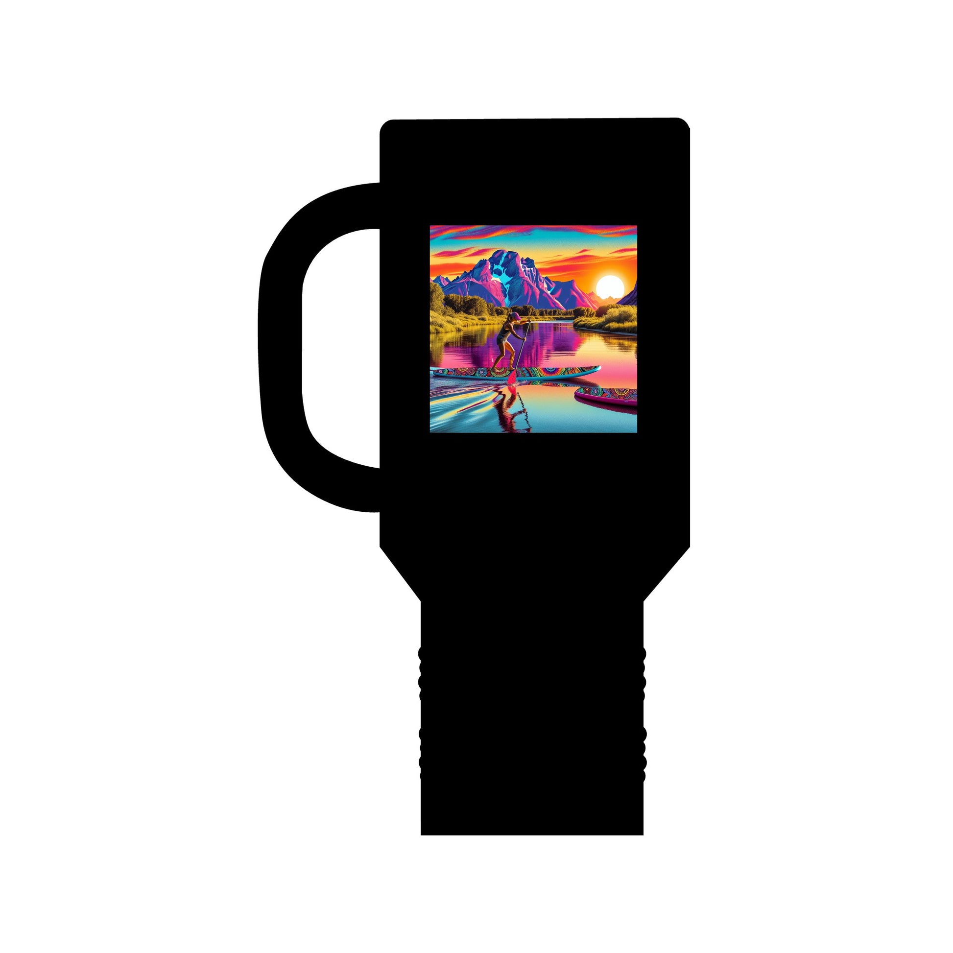 Fantasy Paddleboarding 40Oz Insulated Travel Mug in black elegantly displaying a vibrant paddleboarding scene at sunset, essential for modern adventurers.