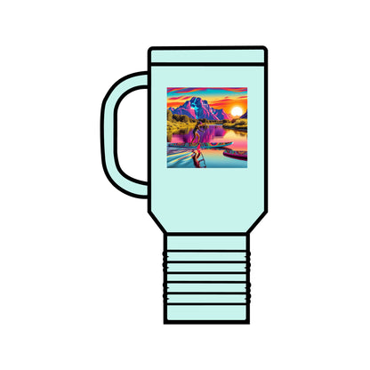 Stylish Fantasy Paddleboarding 40Oz Insulated Travel Mug in a serene mint colour, adorned with a captivating sunset and paddleboarding scene, perfect for the discerning adventurer.