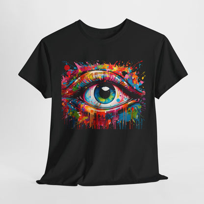 Chic black t-shirt adorned with a striking, colourful eye graphic, perfect for art enthusiasts and fashion-forward individuals.