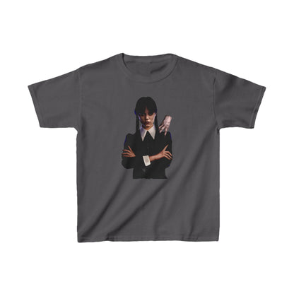Luxury unisex graphic tee depicting Wednesday Addams with Thing, tailored for kids. Sophisticated grey backdrop complementing the intricate design.