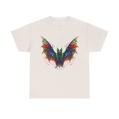 Radiant Evolution Bat Tee - Unisex cotton graphic t-shirt featuring a vibrant, intricately designed bat in rainbow hues on a plain white background, perfect for making a stylish statement.