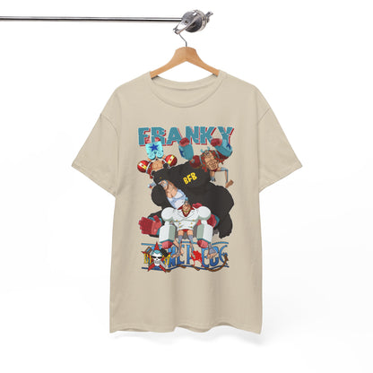 Luxurious beige men's t-shirt featuring a vibrant anime graphic of Franky and friends, perfect for adventurous anime enthusiasts.