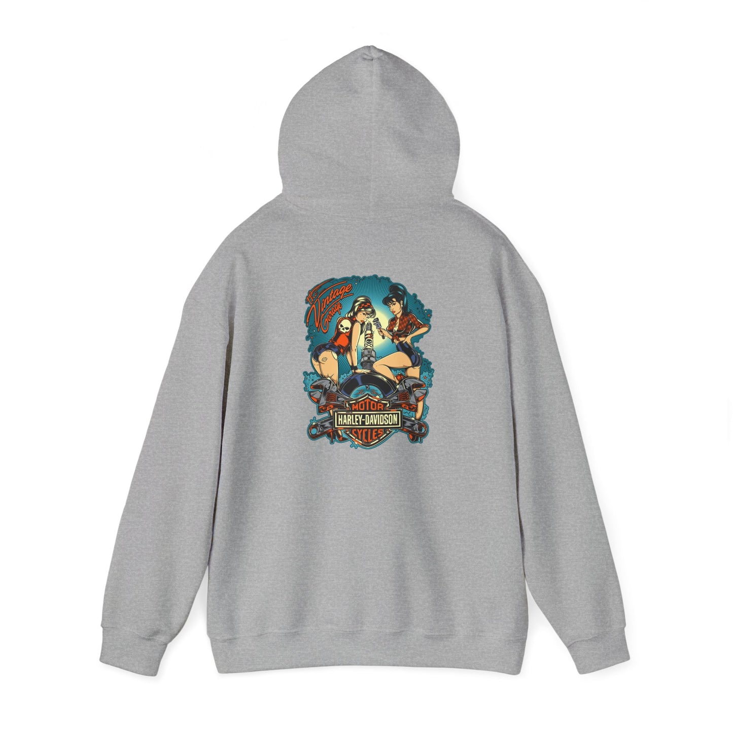 Chic vintage garage hoodie design presenting a captivating back view with bold pin-up artwork, perfect for motorcycle enthusiasts.