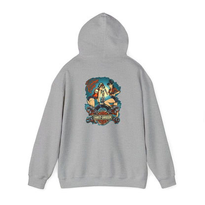 Chic vintage garage hoodie design presenting a captivating back view with bold pin-up artwork, perfect for motorcycle enthusiasts.